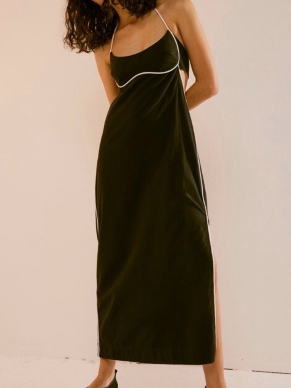 Free People Black Midi Slip Dress with White Piping